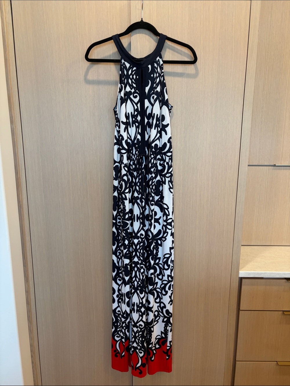 Enfocus Studio Black, White & Red Printed Halter Maxi Dress